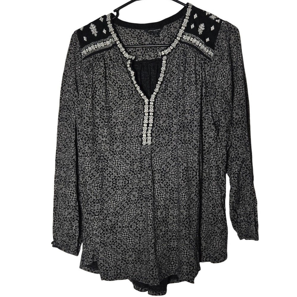 Lucky Brand Womens Black Medallion Print Embroidered Peasant Top Plus 1X Boho